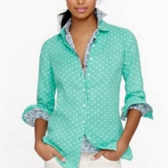 J. Crew 100% Linen Mint Green White Polka Dot Button Down Shirt size XS - Picture 1 of 9